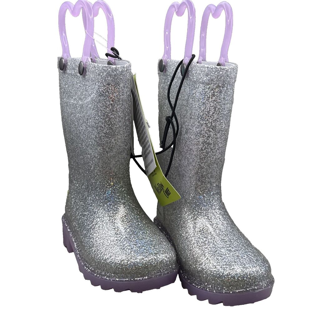 Western Chief Toddler Abby Light-Up Glitter Lighted Silver waterproof rain boots